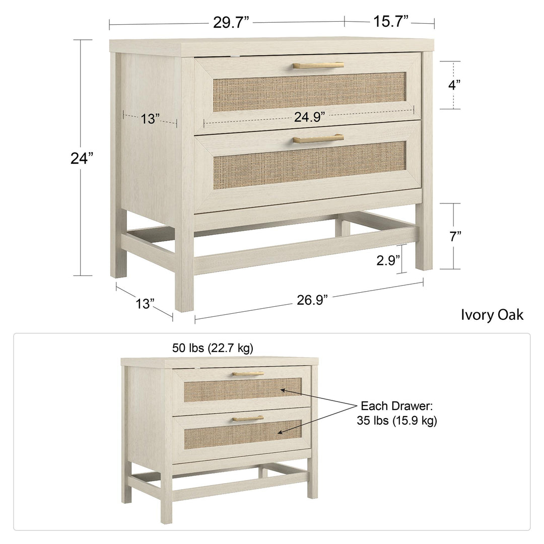 Lennon 2 Drawer Wide Nightstand with Faux Rattan - Ivory Oak