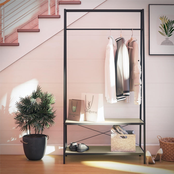 Two-shelf rack with hanging rod -  Pale Oak