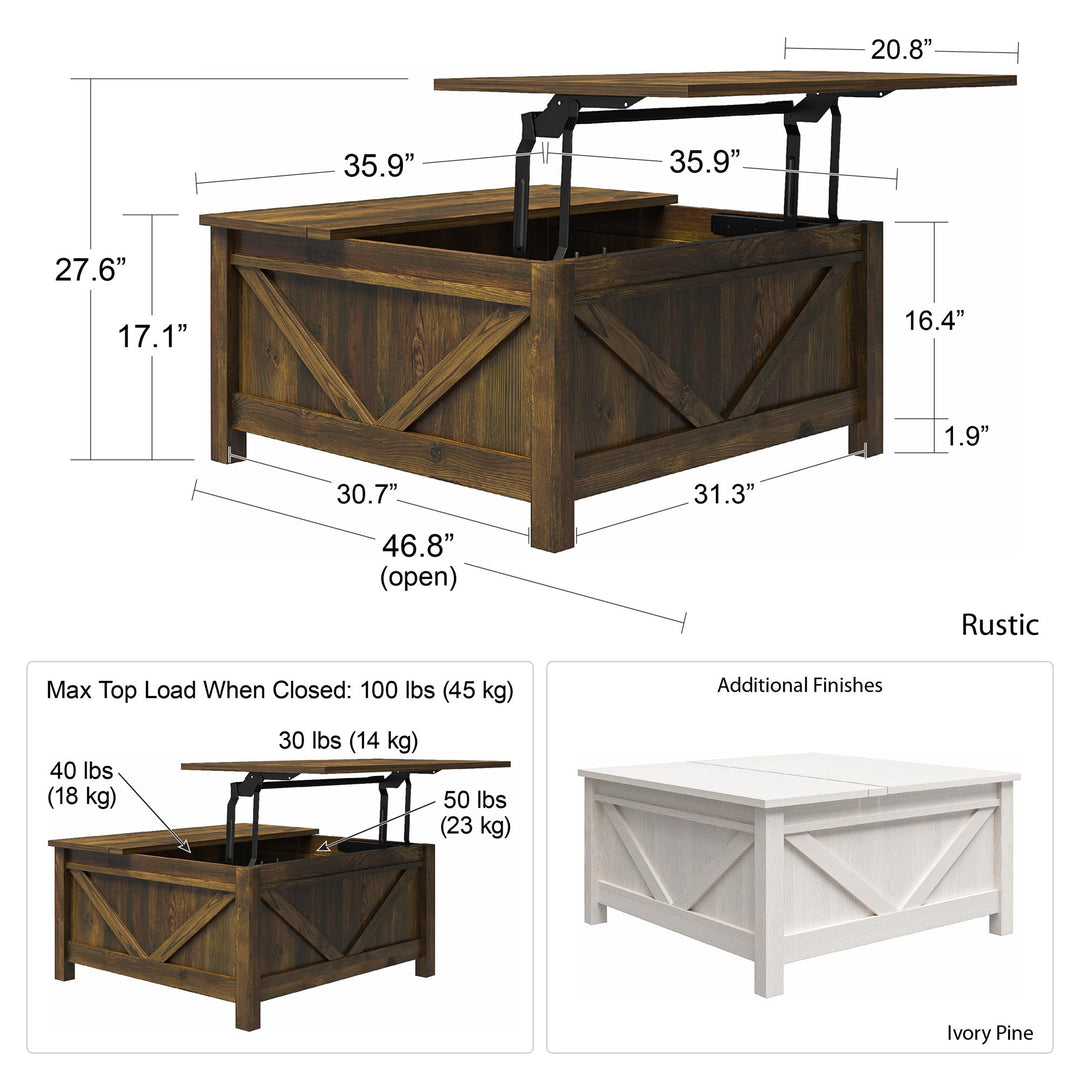 Lift Top Coffee Table with Storage Inside -  Ivory Pine