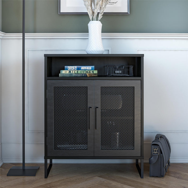 3 shelf storage cabinet with doors - Black Oak