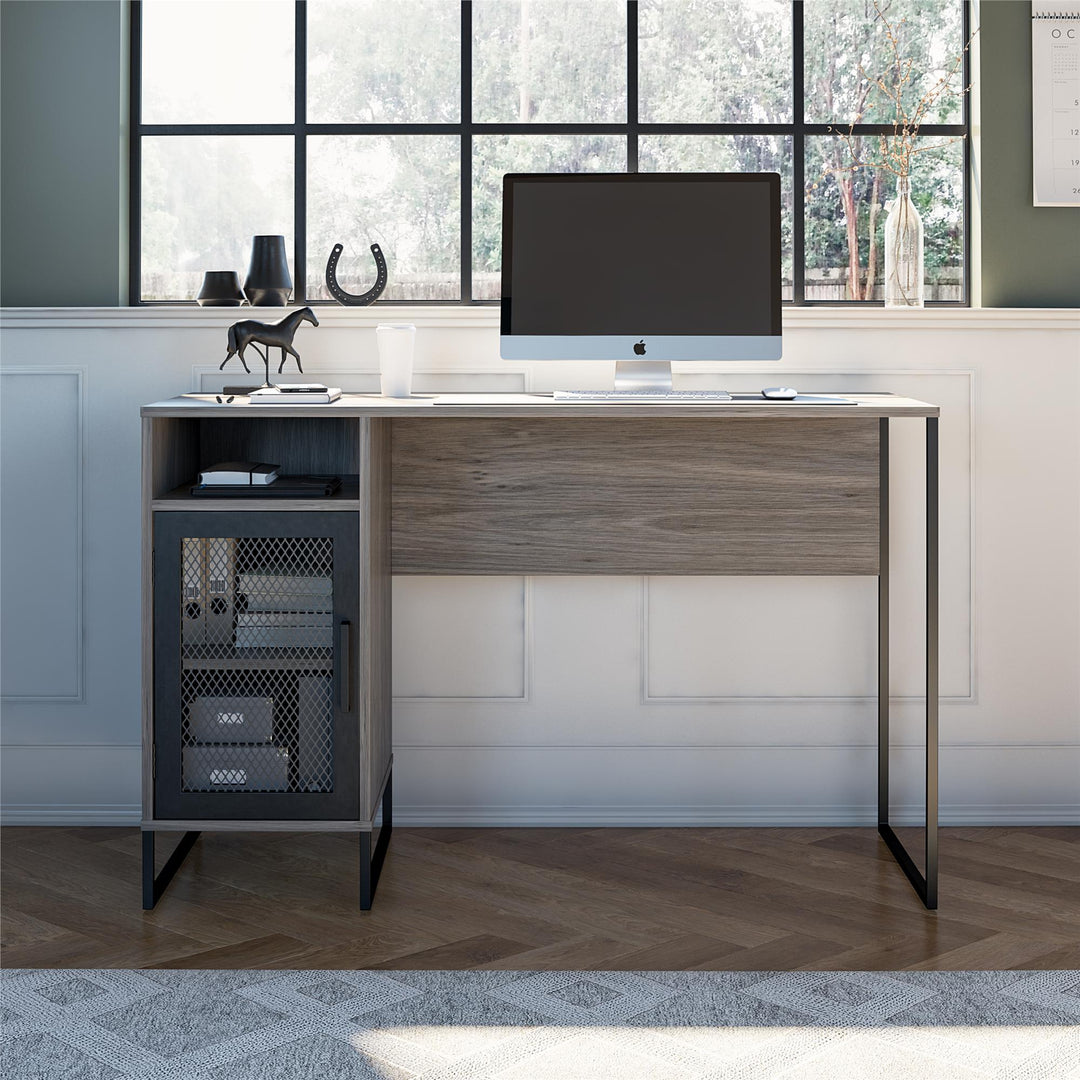 Purdue Single Pedestal Computer Desk with Mesh Door - Gray Oak