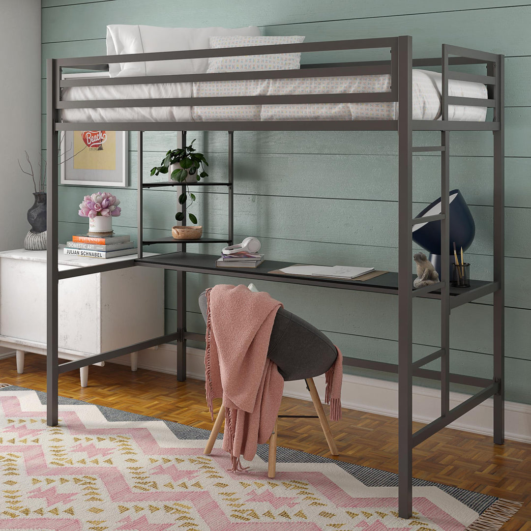 Maxwell Metal Twin Loft Bed with Desk & Shelves - Gray - Twin
