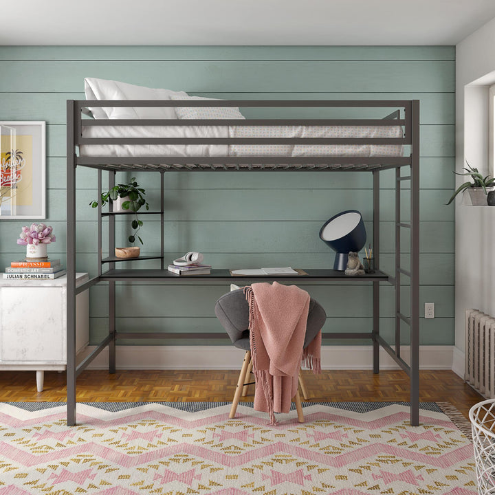Maxwell Metal Twin Loft Bed with Desk & Shelves - Gray - Twin