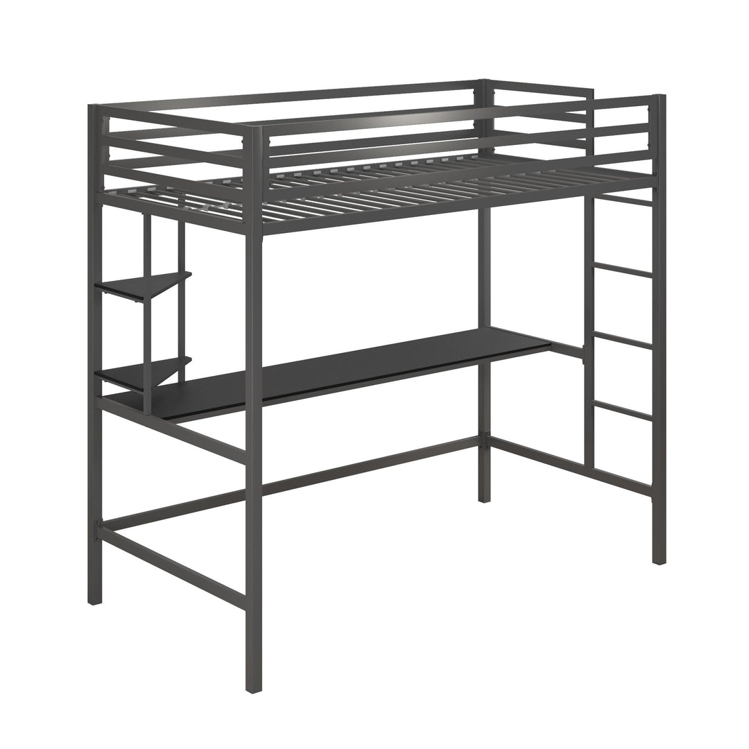 Maxwell Metal Twin Loft Bed with Desk & Shelves - Gray - Twin