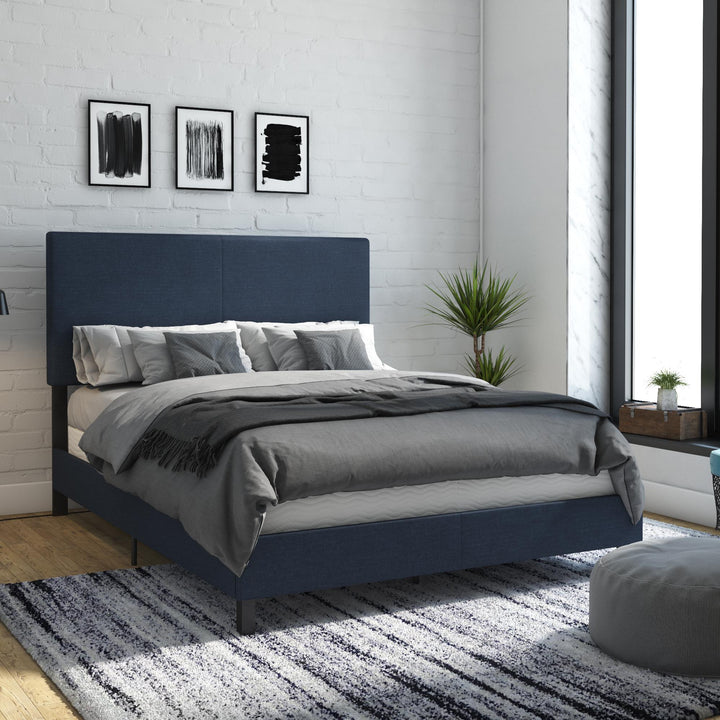 Upholstered Bed with Wood and Metal Frame -  Navy  -  Queen