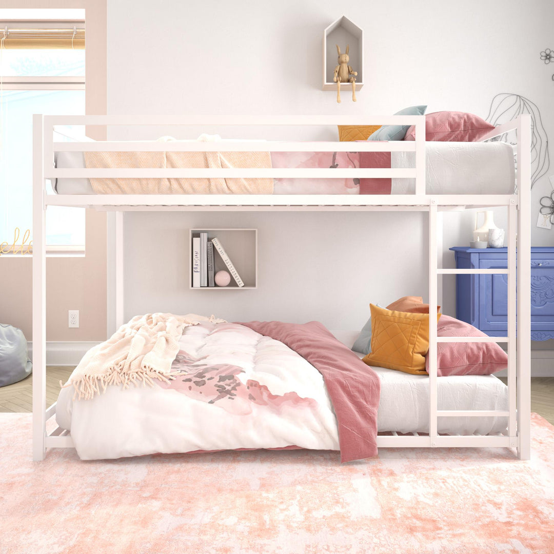Secured Full Metal Slats Bunk Bed with Ladder -  White  - Full-Over-Full