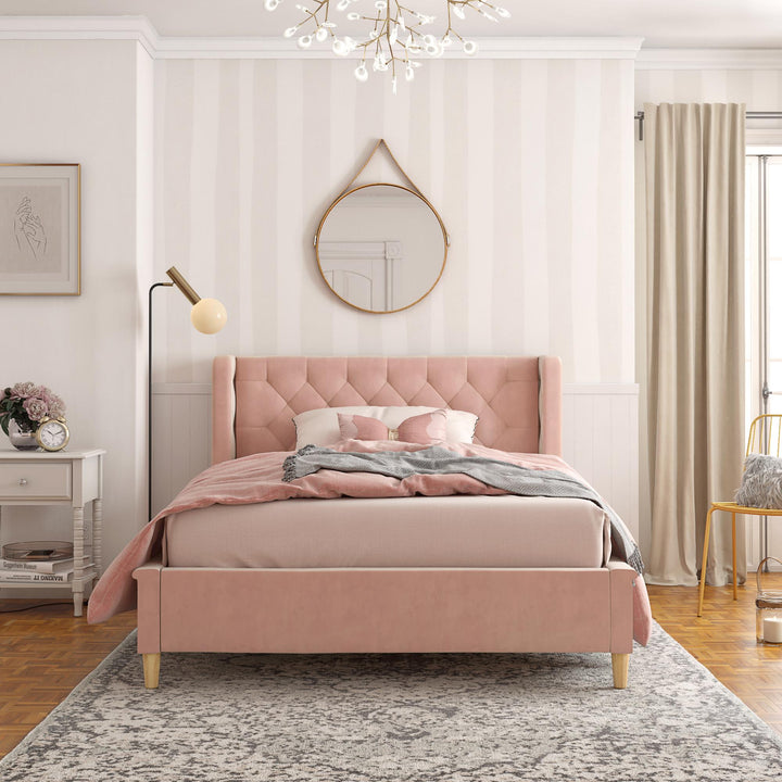 Upholstered Bed with Diamond Tufted Headboard -  Pink  -  Full