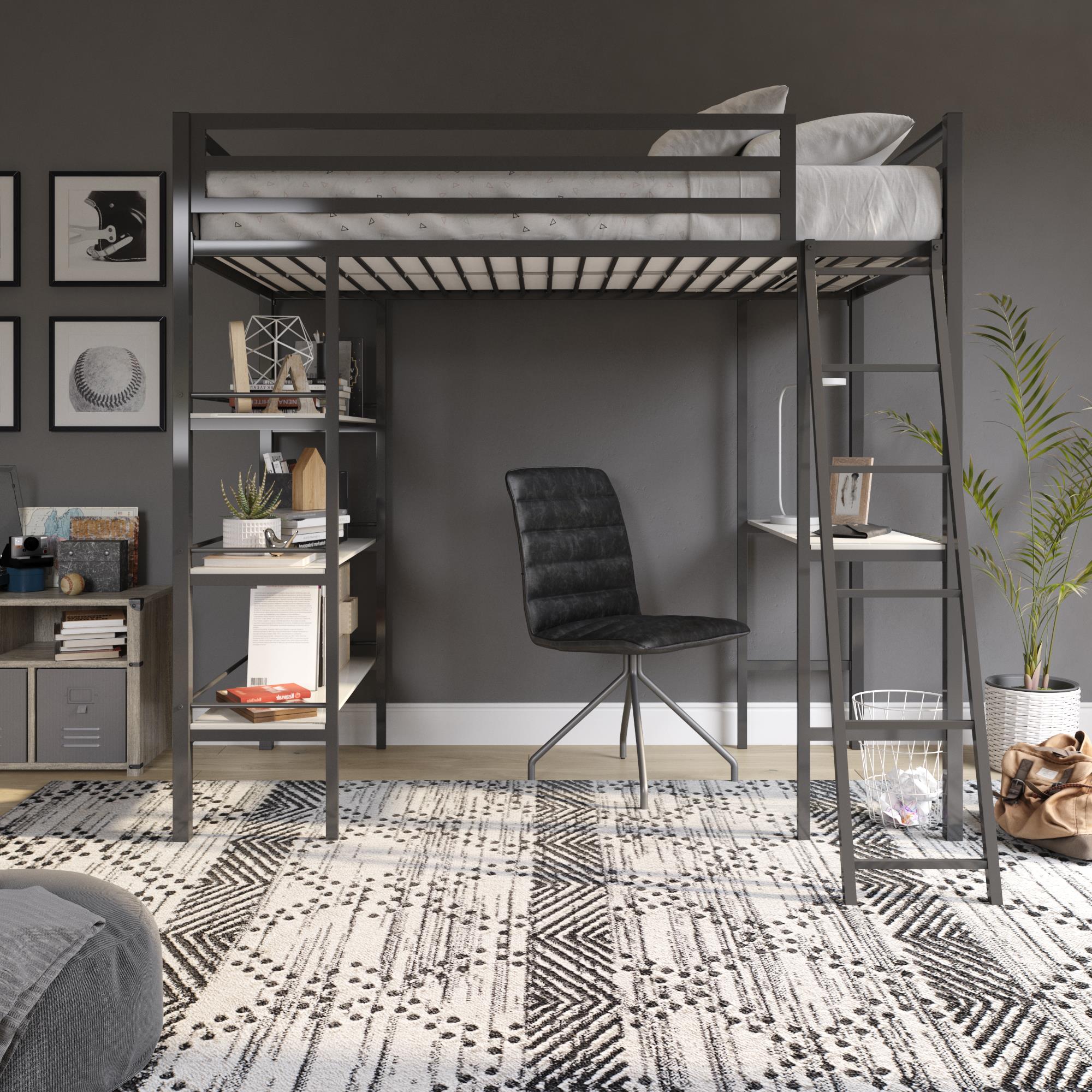 Nova Metal Loft Bed with Desk 3 Shelves Ladder and Full Length Guard RealRooms