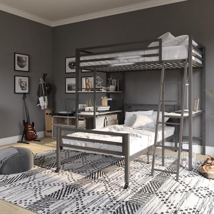 Nova Metal Loft Bed with Desk, 3 Shelves, Ladder and Full-Length Guardrails - Gray - Twin