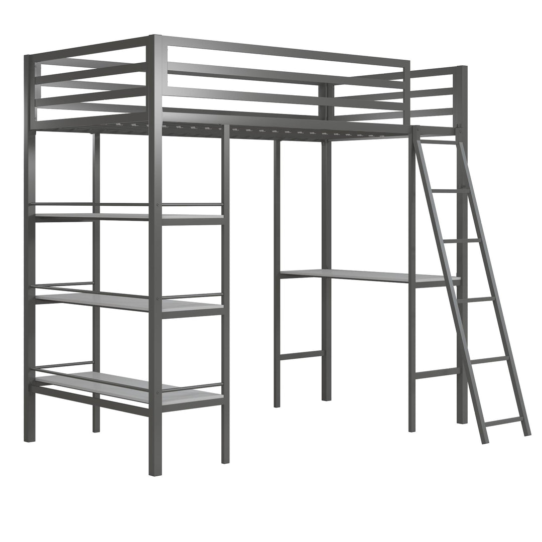 Nova Metal Loft Bed with Desk, 3 Shelves, Ladder and Full-Length Guardrails - Gray - Twin