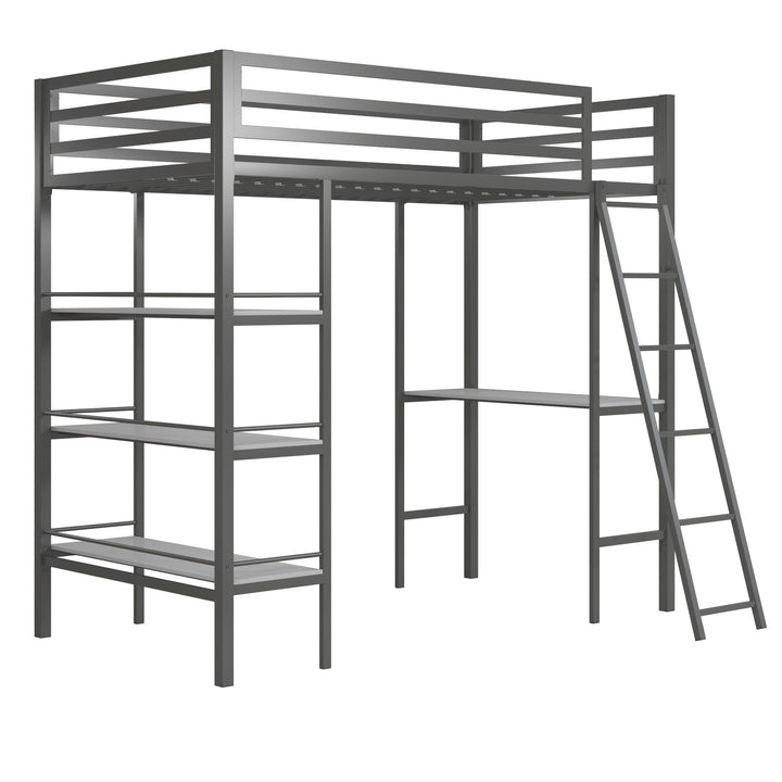 Nova Metal Loft Bed with Desk, 3 Shelves, Ladder and Full-Length Guardrails - Gray - Twin