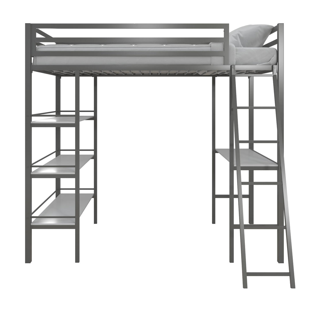 Nova Metal Loft Bed with Desk, 3 Shelves, Ladder and Full-Length Guardrails - Gray - Twin