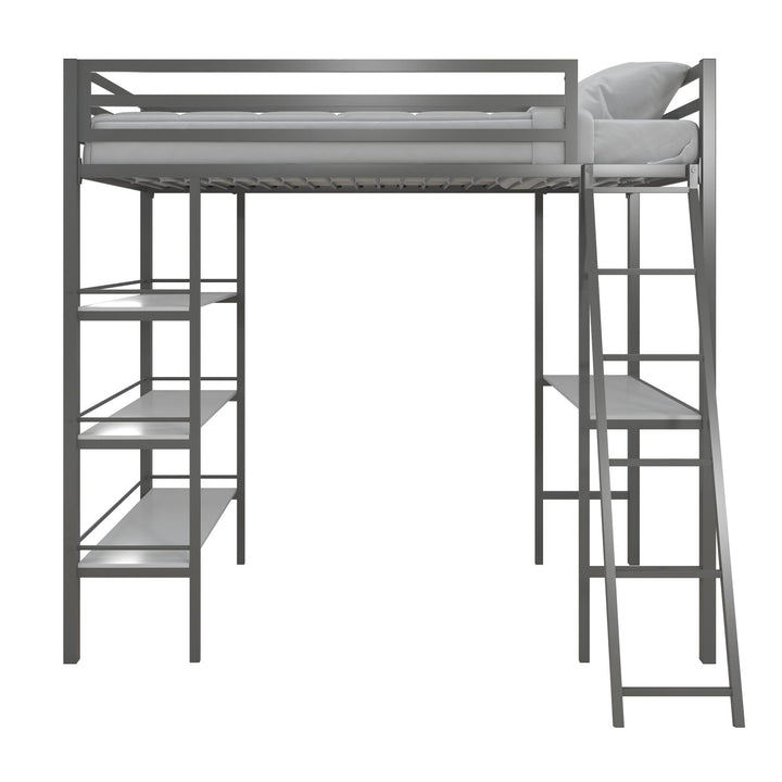 Nova Metal Loft Bed with Desk, 3 Shelves, Ladder and Full-Length Guardrails - Gray - Twin