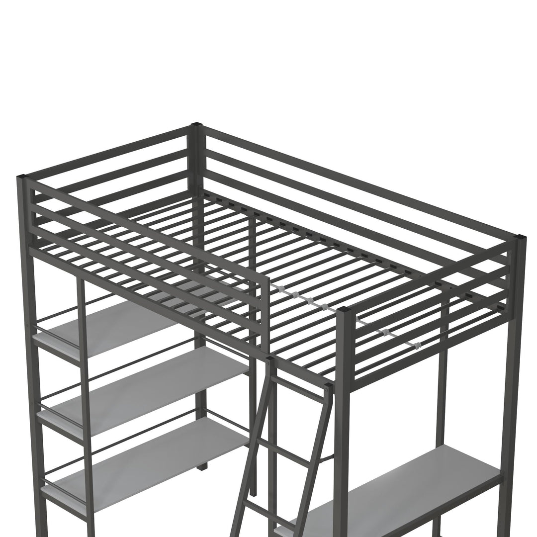Nova Metal Loft Bed with Desk, 3 Shelves, Ladder and Full-Length Guardrails - Gray - Twin