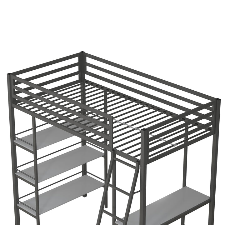 Nova Metal Loft Bed with Desk, 3 Shelves, Ladder and Full-Length Guardrails - Gray - Twin