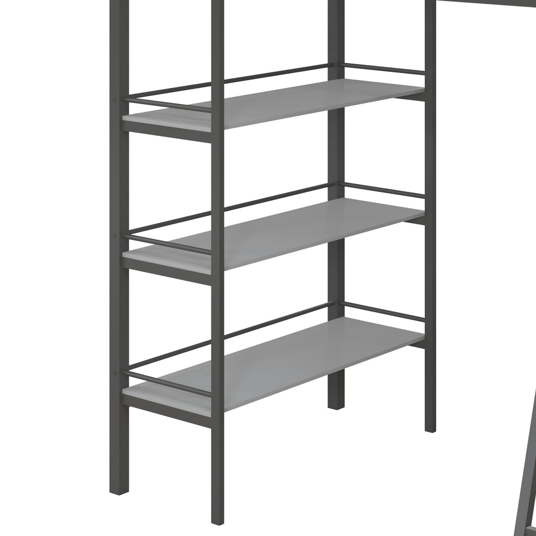 Nova Metal Loft Bed with Desk, 3 Shelves, Ladder and Full-Length Guardrails - Gray - Twin