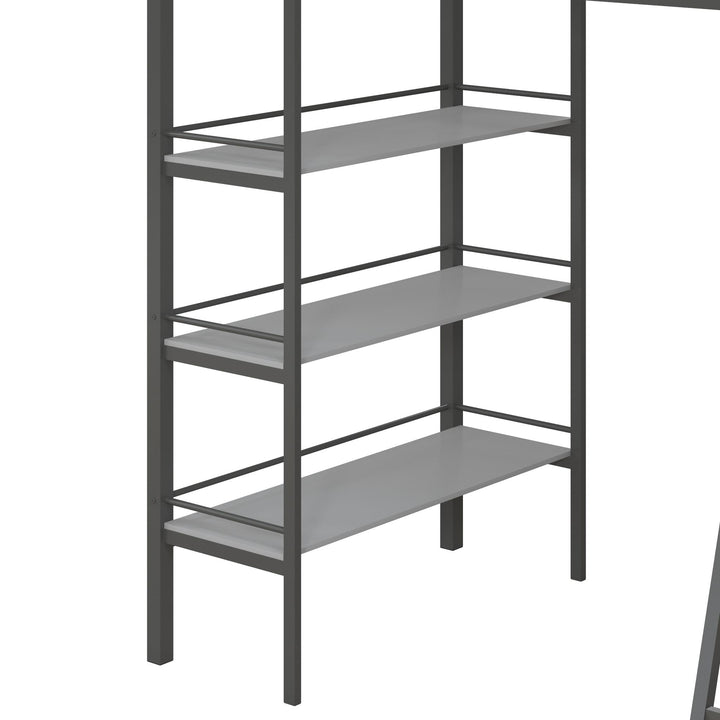 Nova Metal Loft Bed with Desk, 3 Shelves, Ladder and Full-Length Guardrails - Gray - Twin