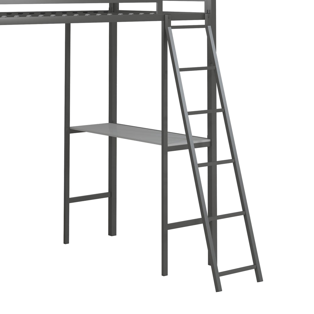 Nova Metal Loft Bed with Desk, 3 Shelves, Ladder and Full-Length Guardrails - Gray - Twin