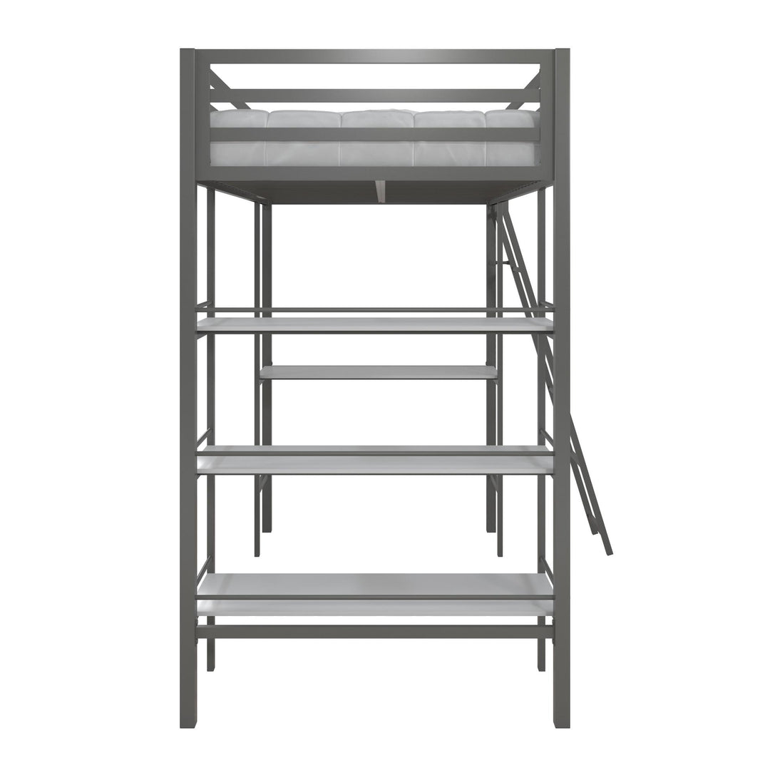 Nova Metal Loft Bed with Desk, 3 Shelves, Ladder and Full-Length Guardrails - Gray - Twin