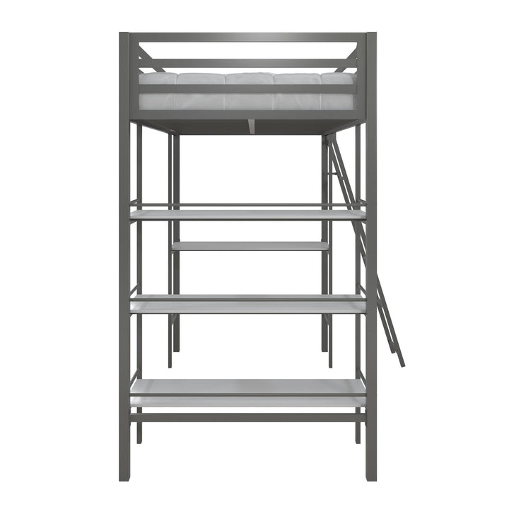 Nova Metal Loft Bed with Desk, 3 Shelves, Ladder and Full-Length Guardrails - Gray - Twin