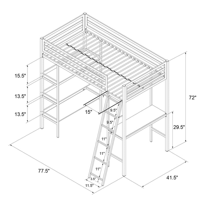 Nova Metal Loft Bed with Desk, 3 Shelves, Ladder and Full-Length Guardrails - Gray - Twin