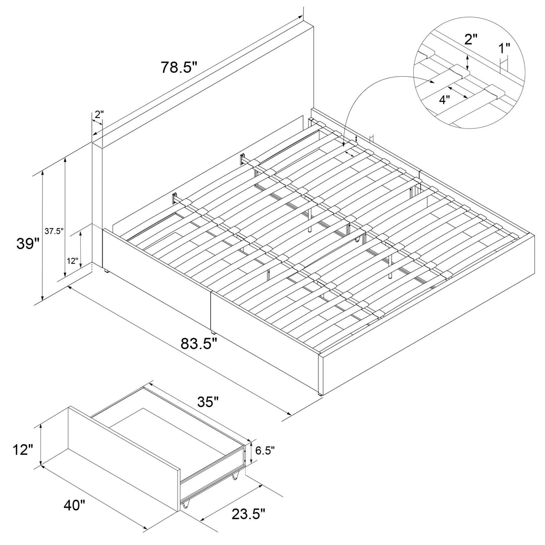 Upholstered Bed with 4 Drawers -  Light Gray 