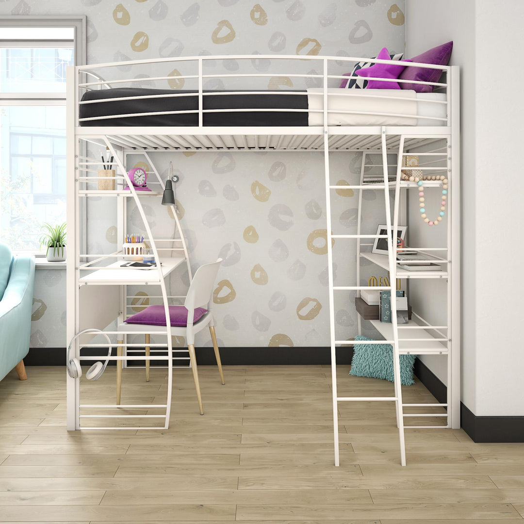 Sage Studio Twin Loft Bed with Integrated Desk and Shelves - White - Twin