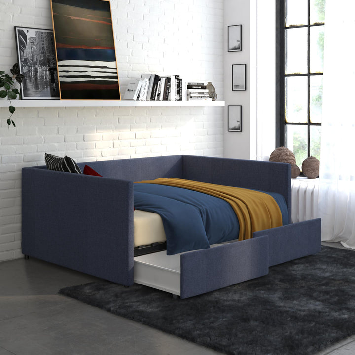 Upholstered Daybed with Wooden Slats and Storage Drawers - Blue Linen - Full
