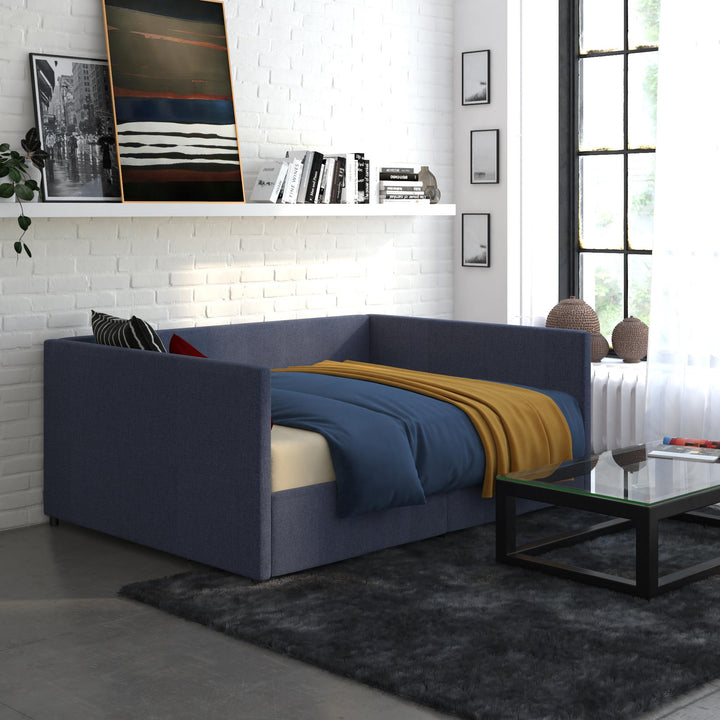 Upholstered Daybed with Wooden Slats and Storage Drawers - Blue Linen - Full