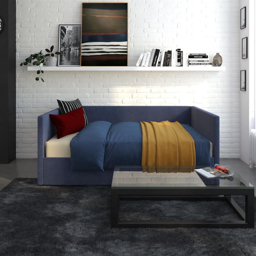 Upholstered Daybed with Wooden Slats and Storage Drawers - Blue Linen - Full