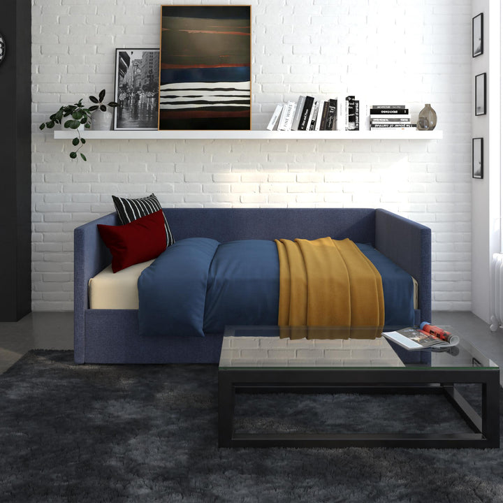 Upholstered Daybed with Wooden Slats and Storage Drawers - Blue Linen - Full