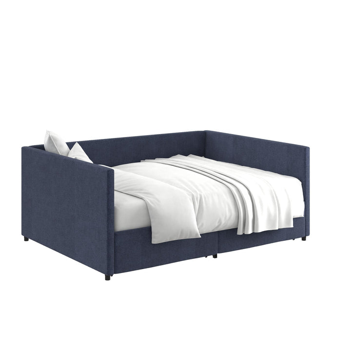 Upholstered Daybed with Wooden Slats and Storage Drawers - Blue Linen - Full