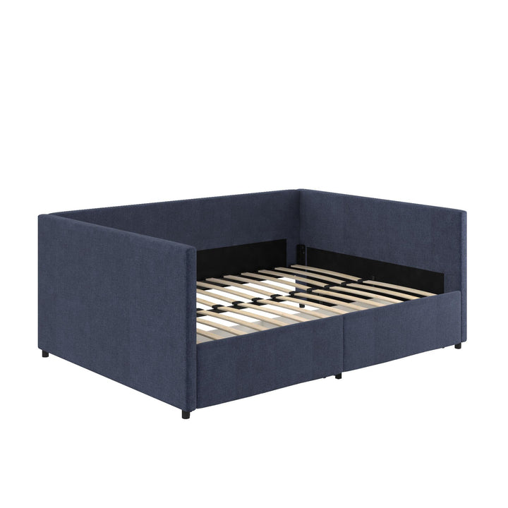 Upholstered Daybed with Wooden Slats and Storage Drawers - Blue Linen - Full