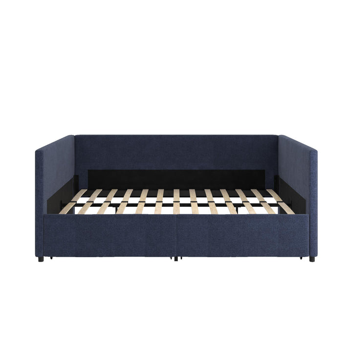Upholstered Daybed with Wooden Slats and Storage Drawers - Blue Linen - Full
