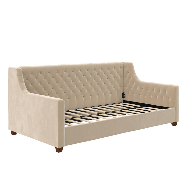 Jordyn Upholstered Daybed with Velvet Fabric and Diamond Tufted Detail  -  Ivory  -  Twin