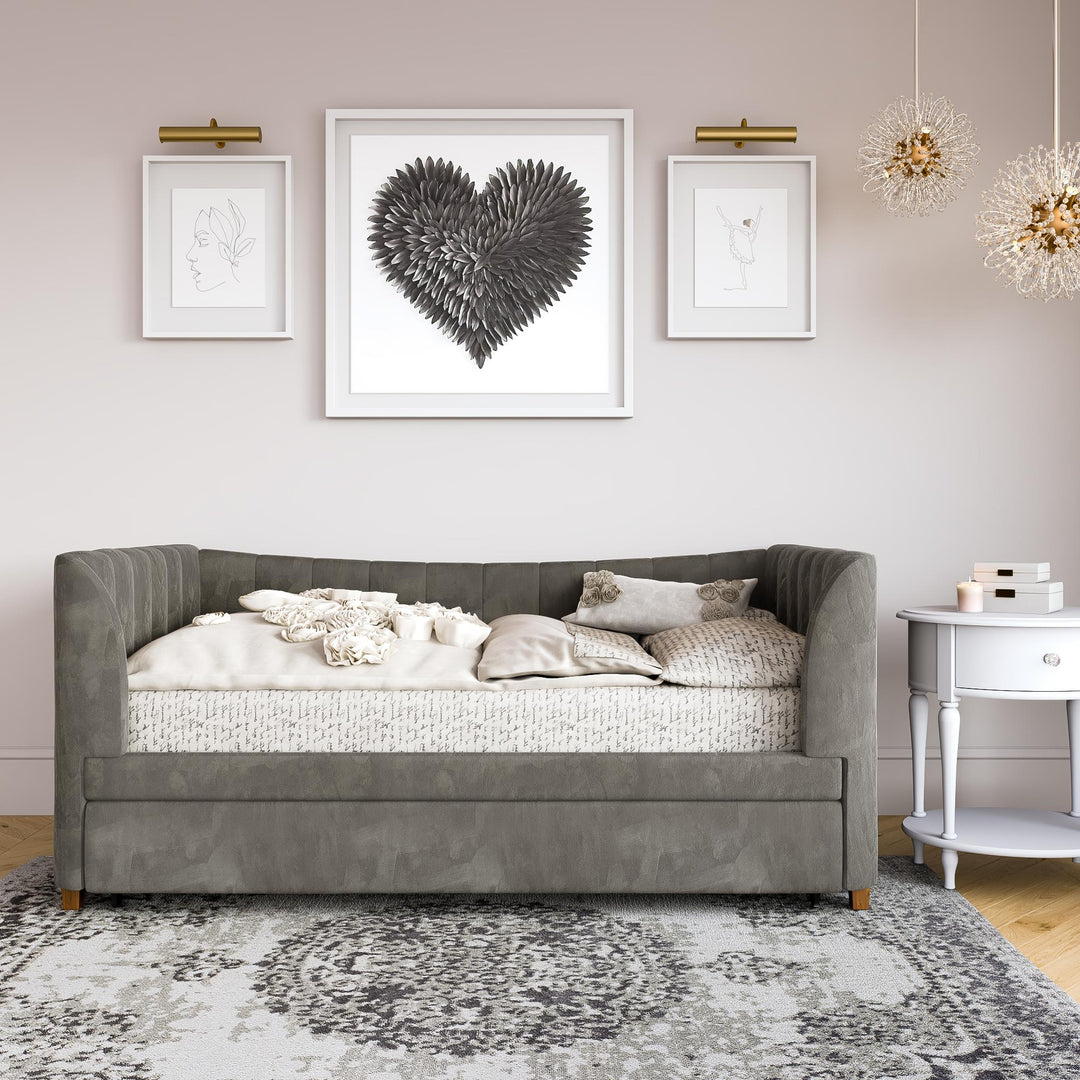 Daybed with Trundle and Vertical Stitching -  Gray  -  Twin