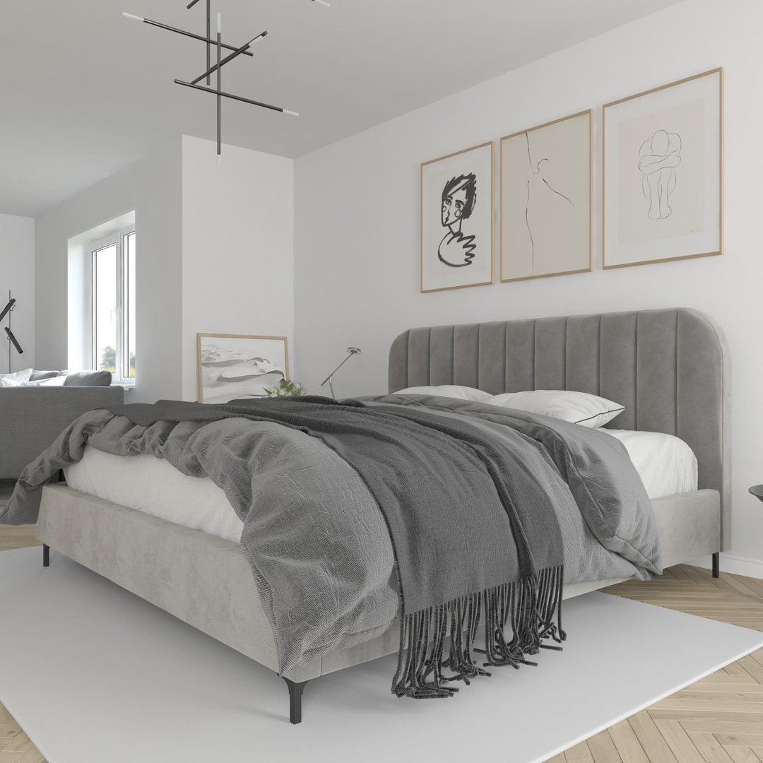 Callie Velvet Upholstered Bed with Wood Frame and Slats - Light Gray - King