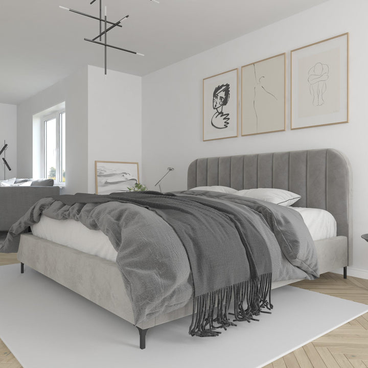 Callie Velvet Upholstered Bed with Wood Frame and Slats - Light Gray - King
