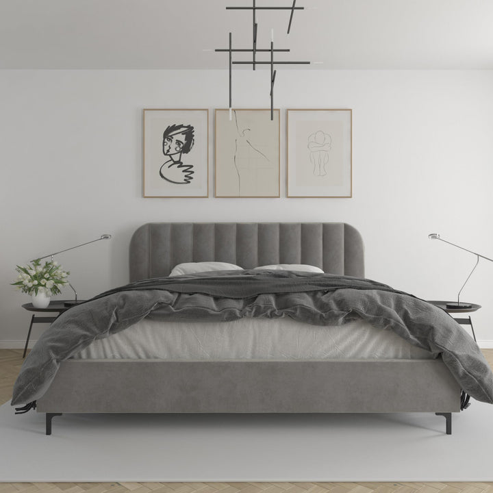 Velvet Bed with Wood Frame and Slats -  Light Gray  -  King
