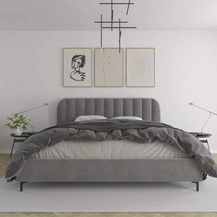 Callie Velvet Upholstered Bed with Wood Frame and Slats - Light Gray - King