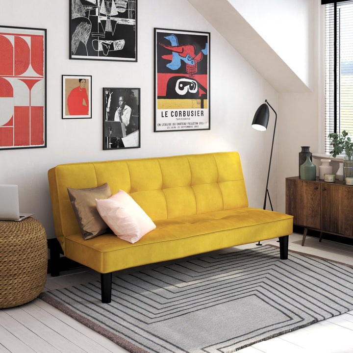 Tyler Velvet Tufted Upholstered Futon with Wooden Frame - Mustard