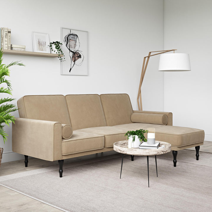 Edison Velvet Upholstered Small Space Reversible Sectional Futon - Tan
