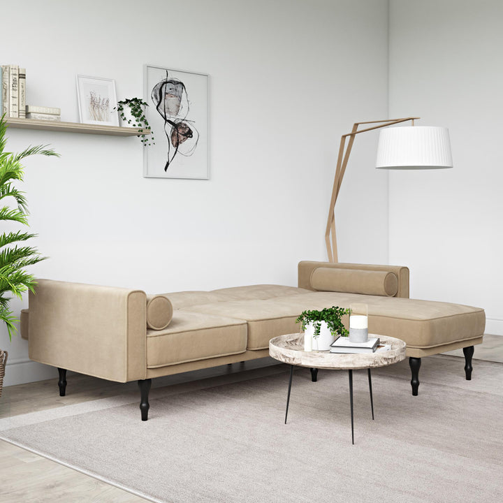 Edison Velvet Upholstered Small Space Reversible Sectional Futon - Tan