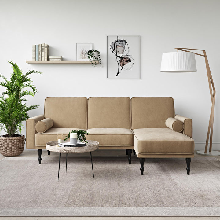 Edison Velvet Upholstered Small Space Reversible Sectional Futon - Tan
