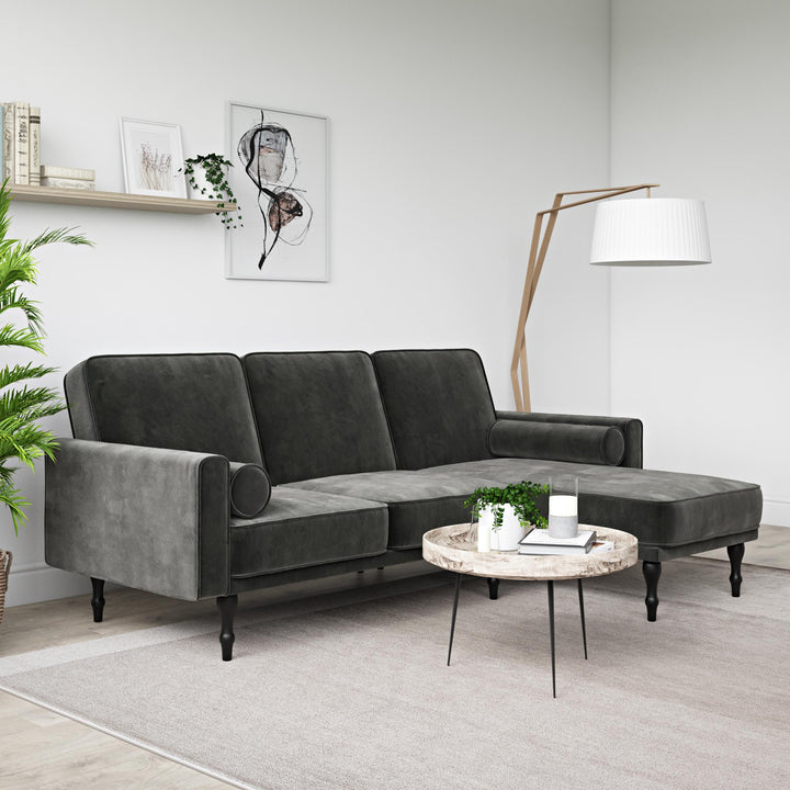 Edison Velvet Upholstered Small Space Reversible Sectional Futon - Gray