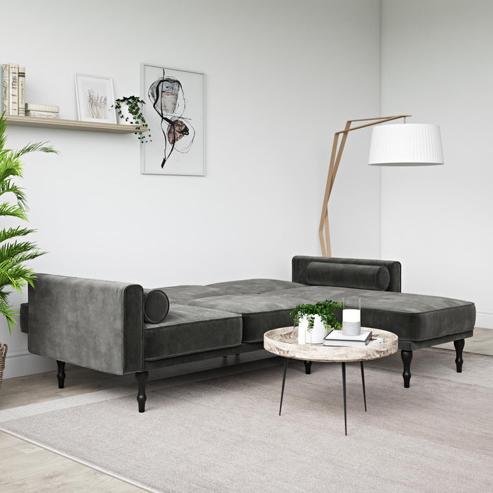 Edison Velvet Upholstered Small Space Reversible Sectional Futon - Gray