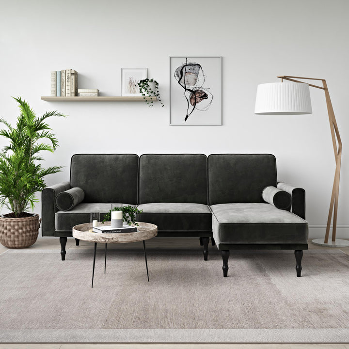 Edison Velvet Upholstered Small Space Reversible Sectional Futon - Gray