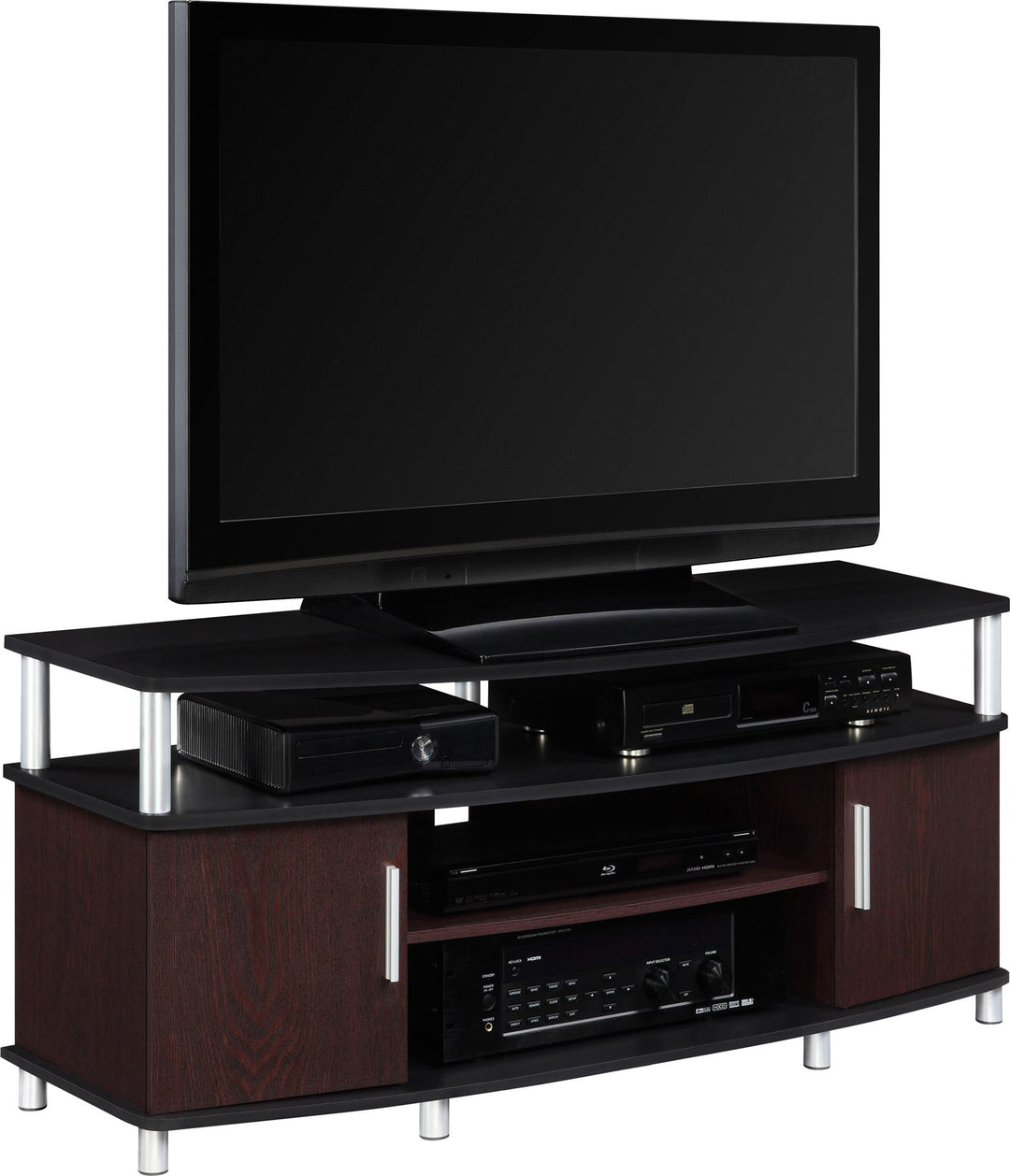 Modern TV stand with storage shelves -  Cherry