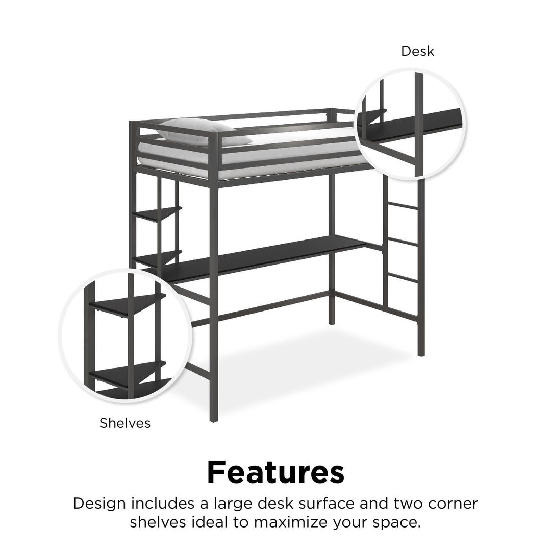 Maxwell Metal Twin Loft Bed with Desk & Shelves - Gray - Twin