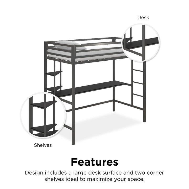 Maxwell Metal Twin Loft Bed with Desk & Shelves - Gray - Twin